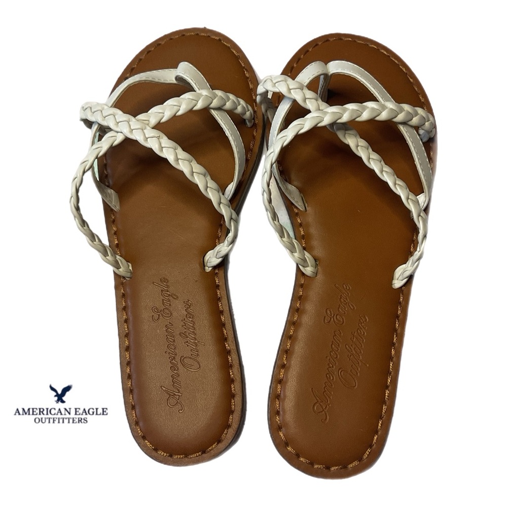 American Eagle Outfitters 7 White Woven Braided Sandals Thong Flats